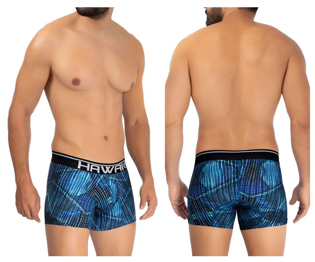 Blue patterned hawai 42173 printed microfiber men’s boxer briefs with black waistband and white hawaii logo