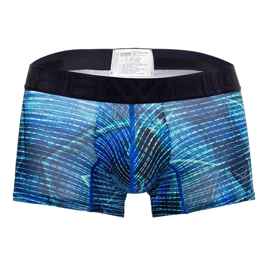 Blue and teal abstract patterned havio microfiber boxer briefs with black waistband royal blue printed trunks