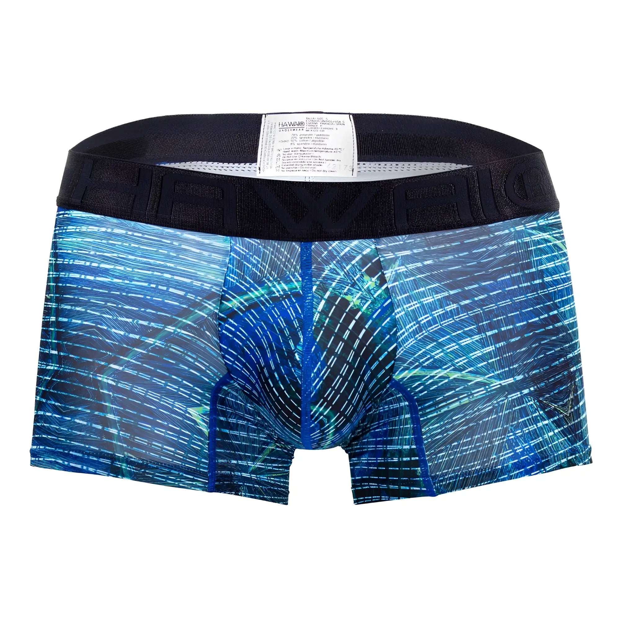 Blue and teal abstract patterned havio microfiber boxer briefs with black waistband royal blue printed trunks