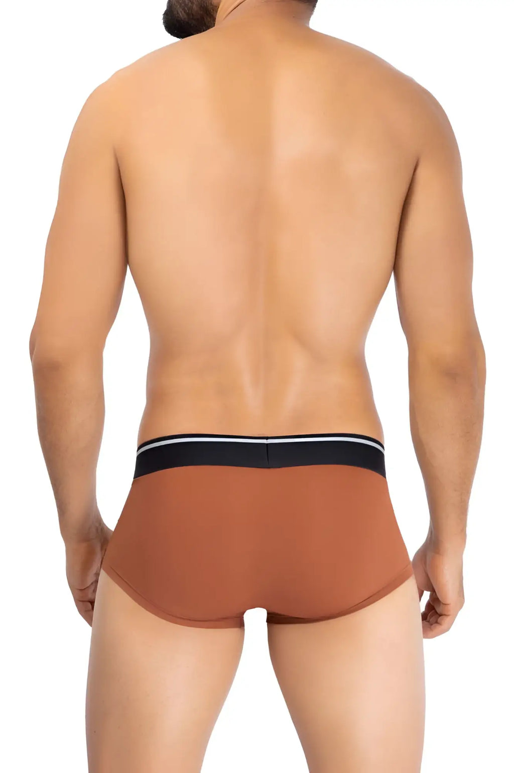 Brown HAWAI 42181 solid microfiber briefs in amber with a black waistband featuring two thin white stripes