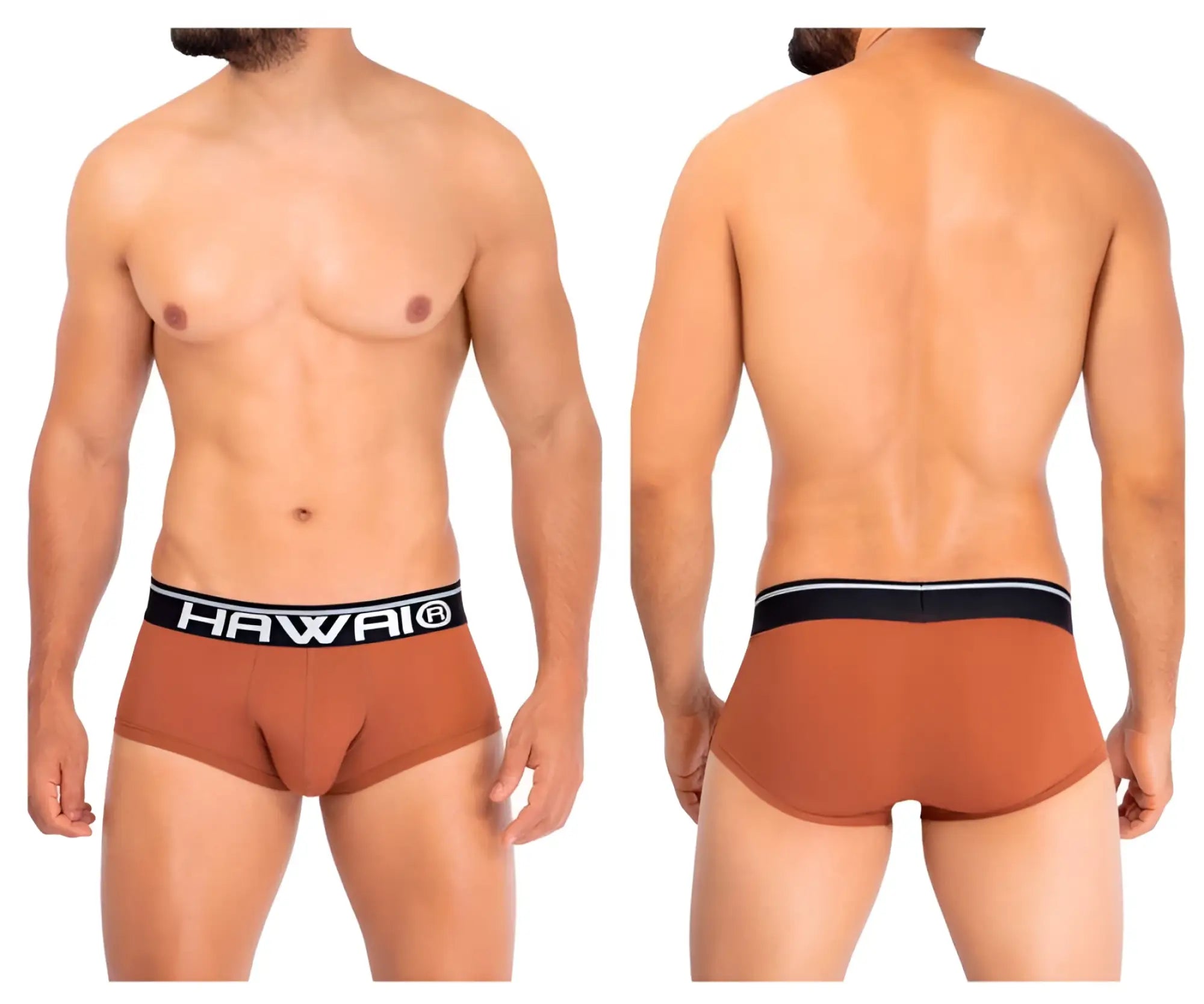Brown hawai 42181 solid microfiber briefs in amber with a black elastic waistband featuring white lettering