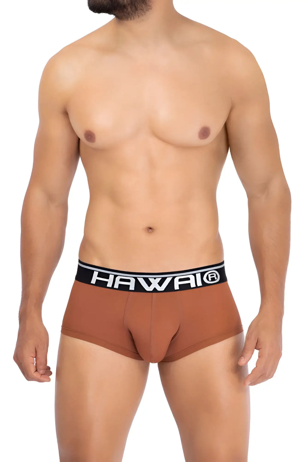 Brown men’s microfiber briefs in amber with a black waistband featuring the hawaii logo in white lettering