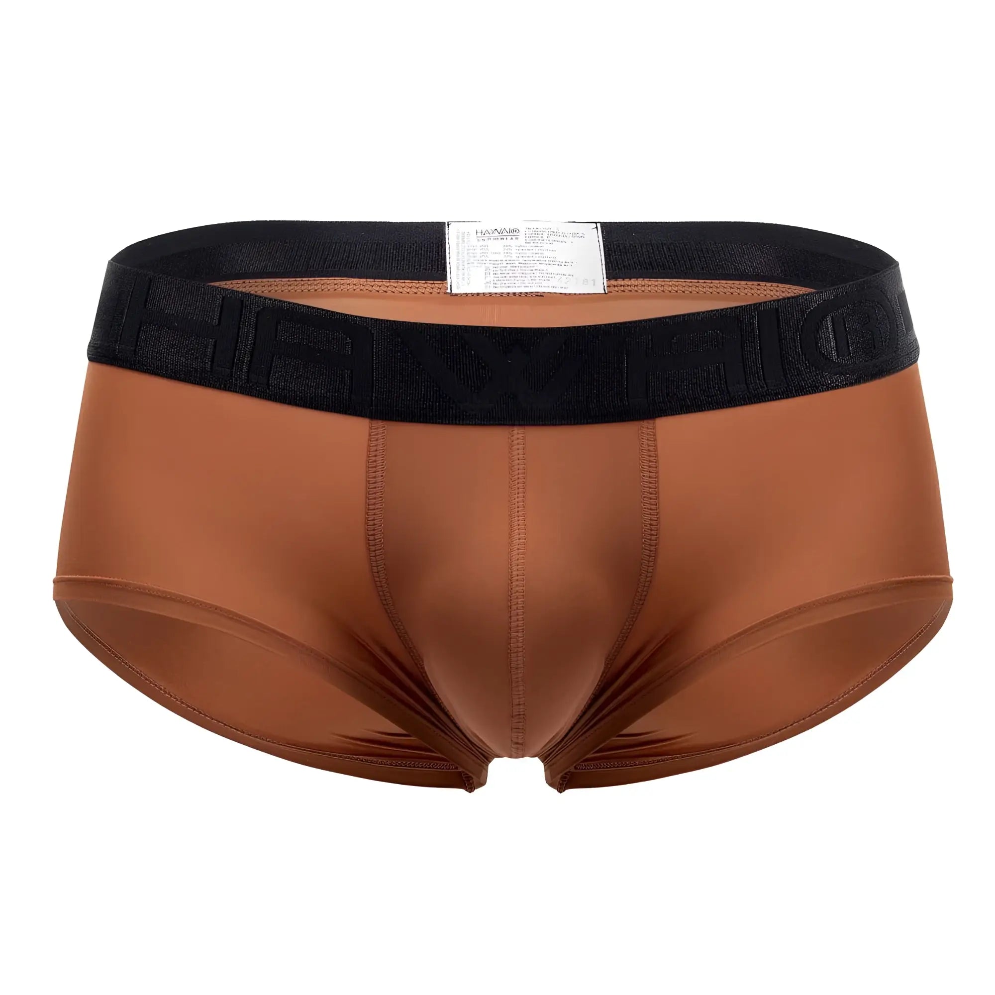 Brown satin microfiber briefs in amber with black elastic waistband featuring raised haymo branding front view