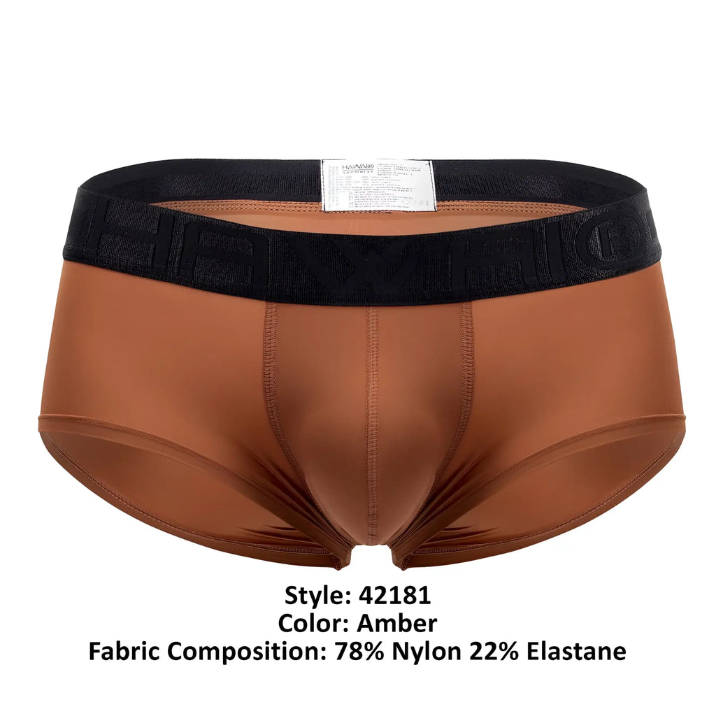 Amber-colored hawai 42181 solid microfiber men’s briefs with black elastic waistband and raised brand lettering