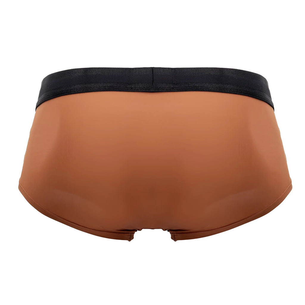 Tan microfiber briefs in amber with a black elastic waistband for comfortable everyday wear