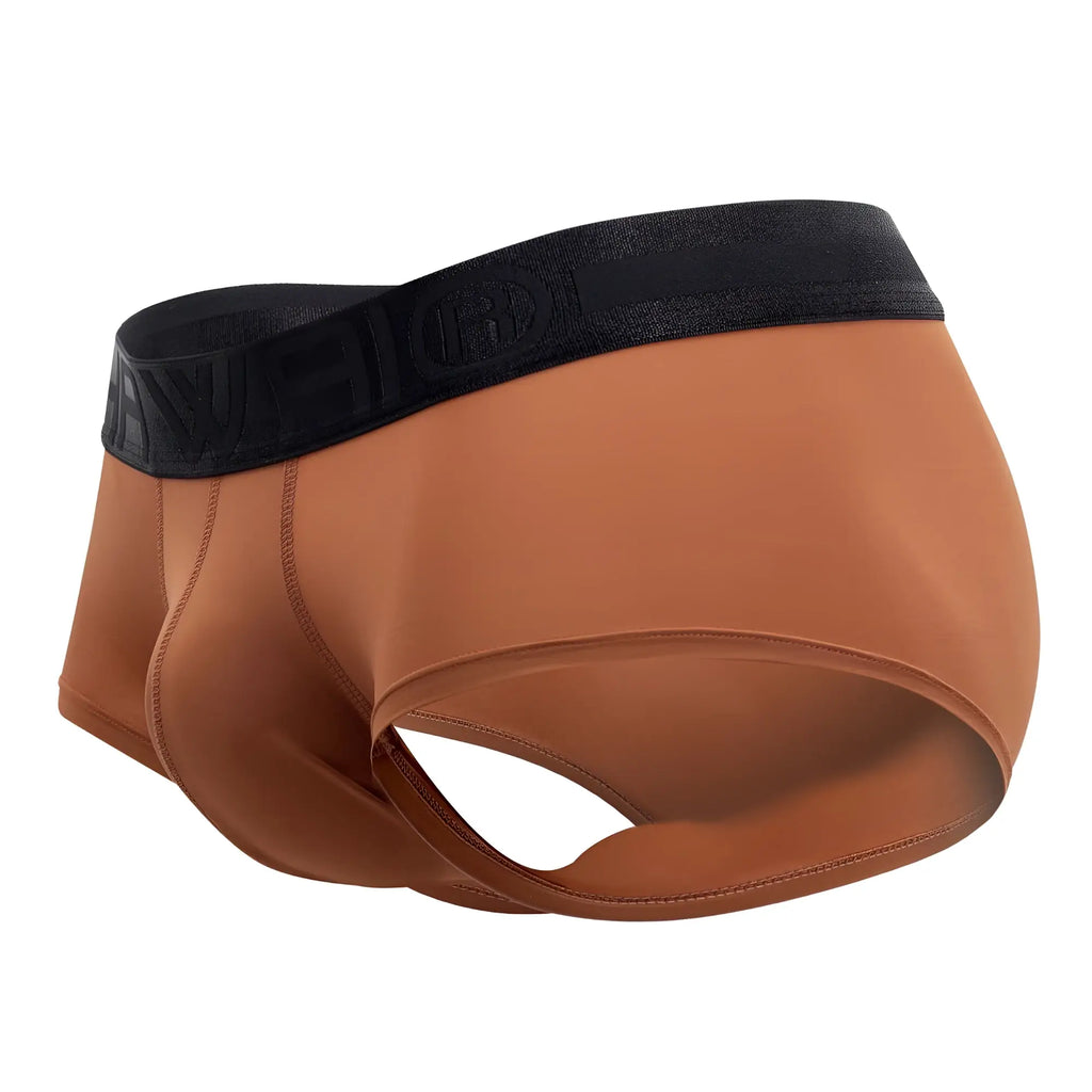 Tan-colored HAWAI 42181 solid microfiber briefs with a black elastic waistband and embossed logo in amber color