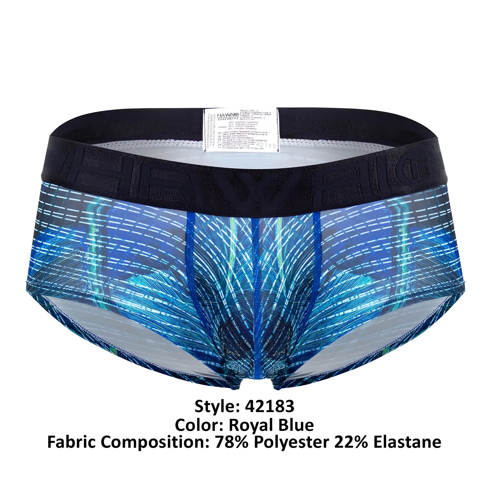 Royal blue havaiic printed microfiber briefs with feather pattern and black elastic waistband for men