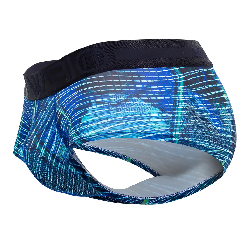 Blue patterned men’s microfiber briefs with black elastic waistband and gray interior lining hawai 42183 royal blue