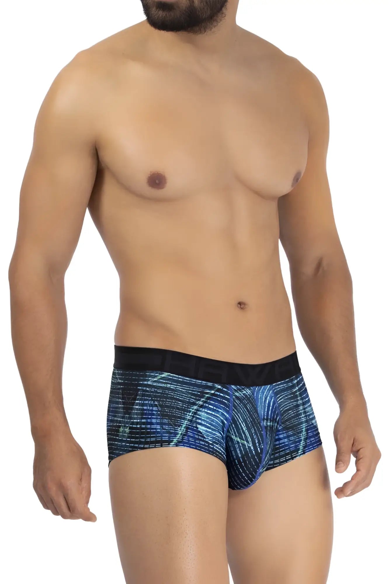 Blue patterned hawai 42183 printed microfiber briefs with black elastic waistband for men in royal blue color