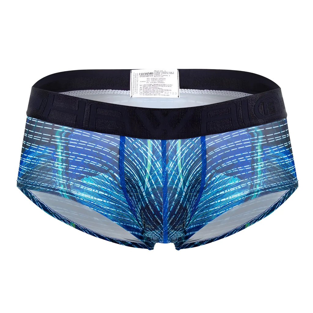 Blue and teal feather patterned hawaii printed microfiber briefs with black elastic waistband in royal blue