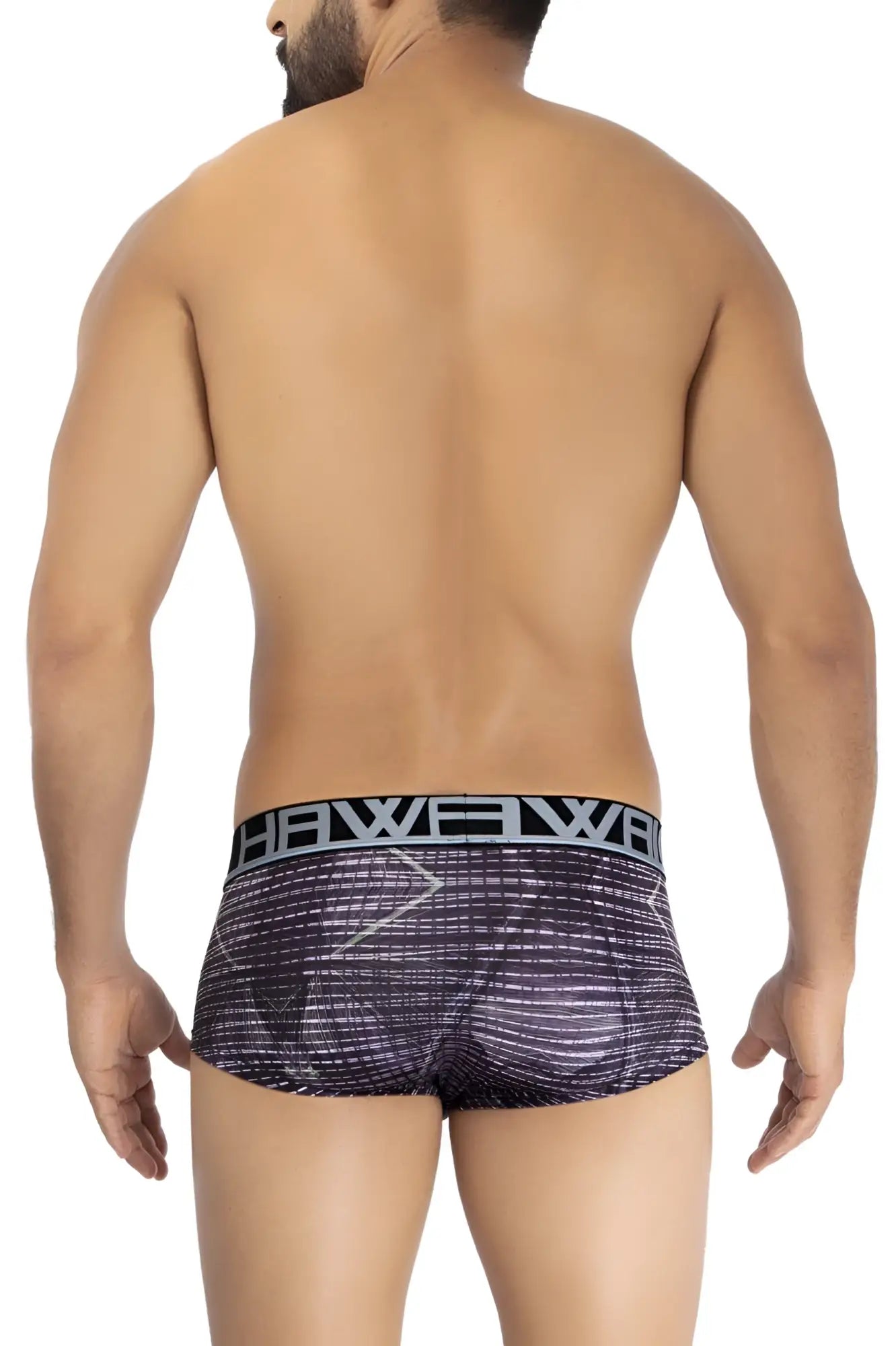 Black and gray patterned hawai 42183 printed microfiber briefs with bold hawe logo waistband in taupe color