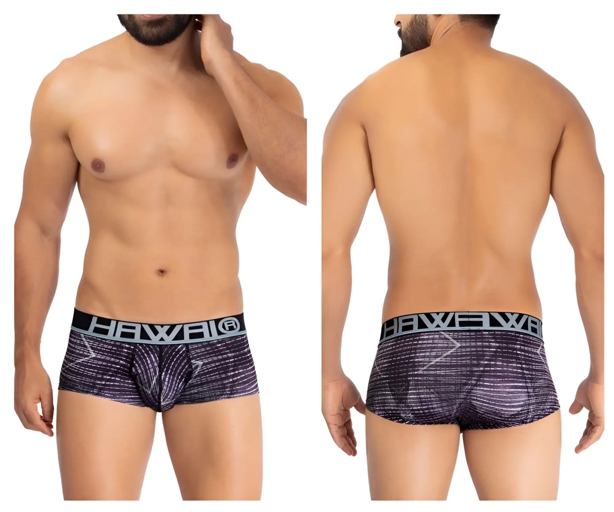 Men’s taupe black and gray patterned printed microfiber briefs with bold hawaii logo waistband for comfortable wear
