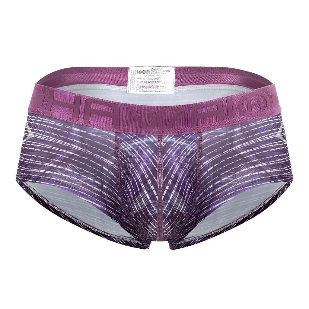 Purple and gray patterned hawaii 42183 printed microfiber briefs with textured waistband in taupe color