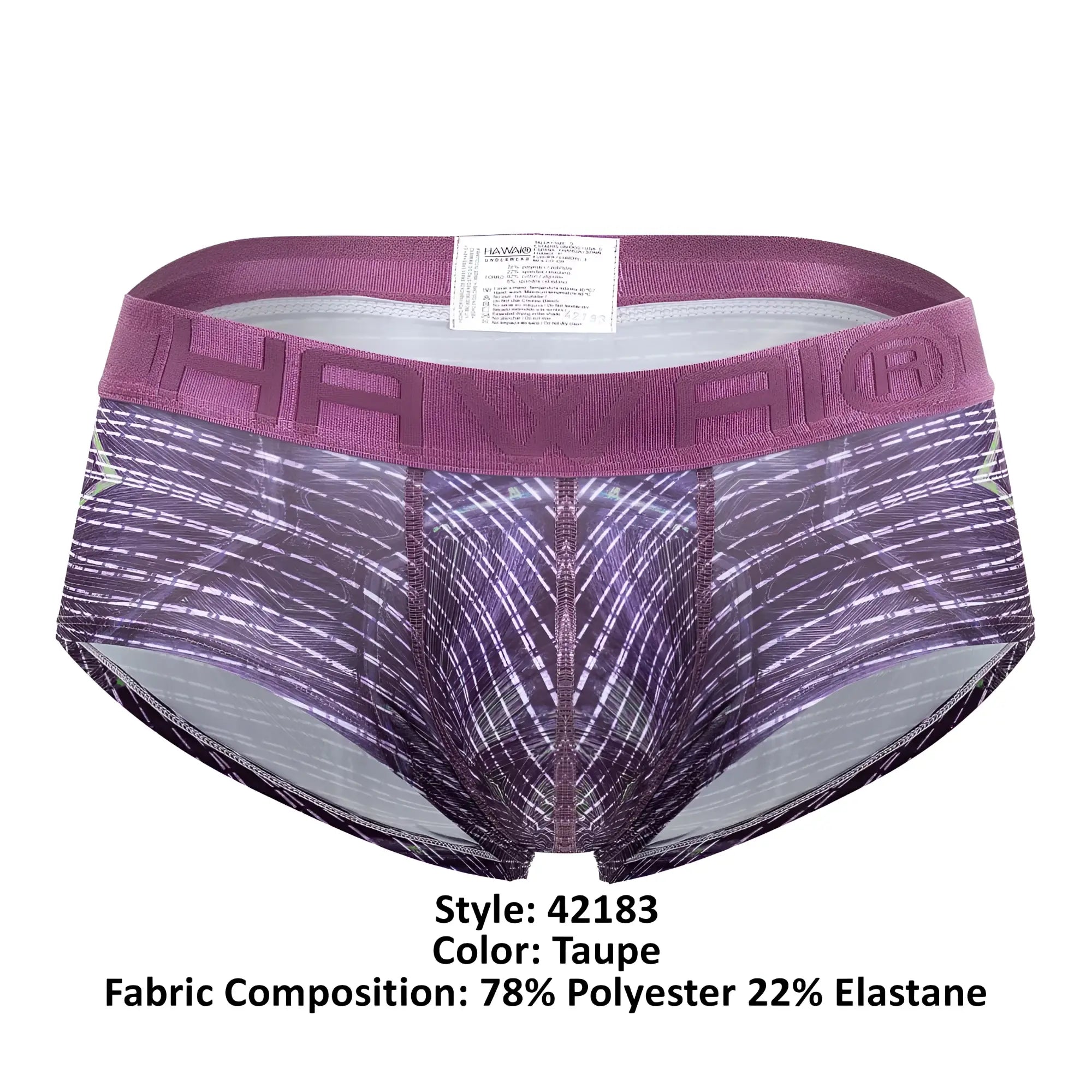 Men’s printed microfiber briefs in taupe with a purple and gray pattern and a textured hawai waistband