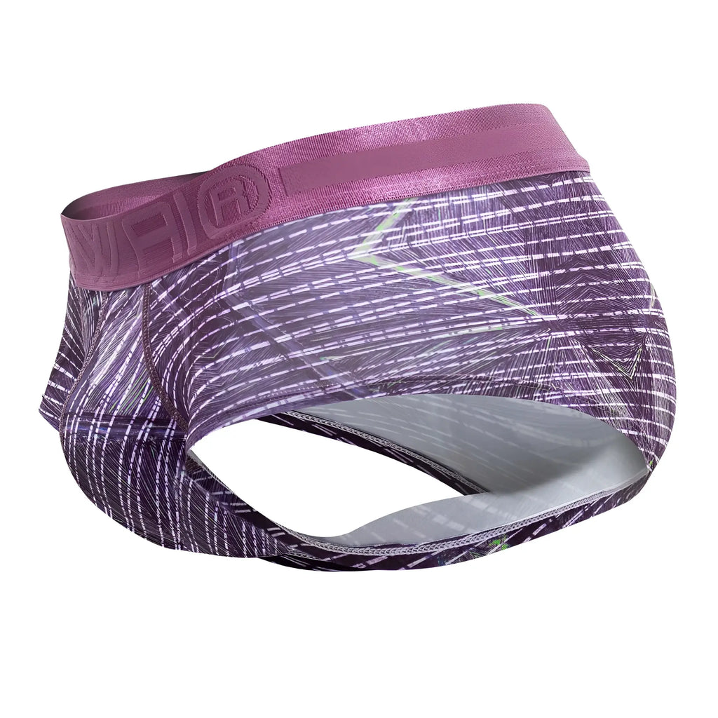 Purple patterned men’s briefs with satin-like waistband and geometric design in taupe printed microfiber material