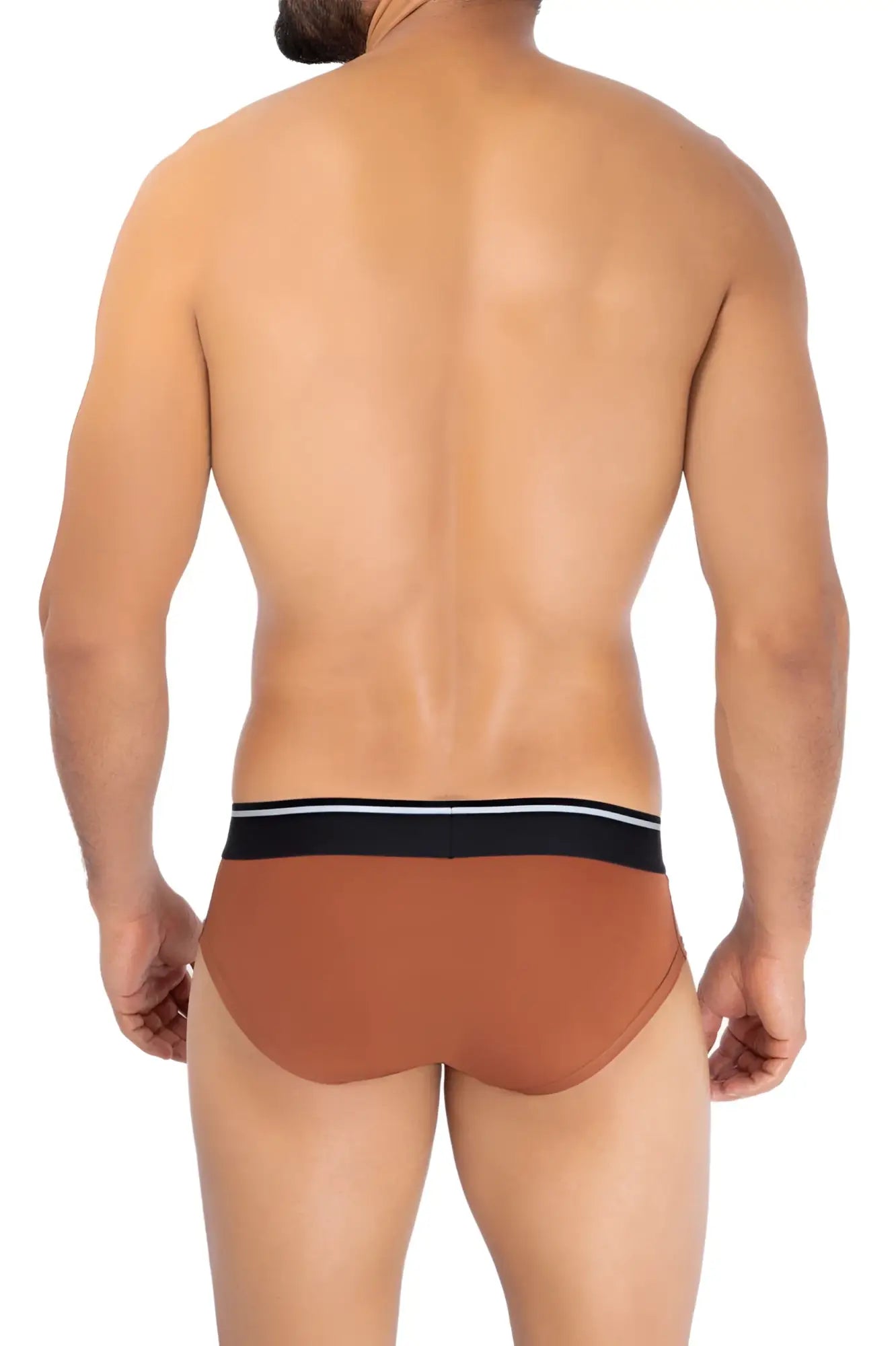 Hawai 42191 solid microfiber hip briefs in amber brown with a black and white striped waistband front view