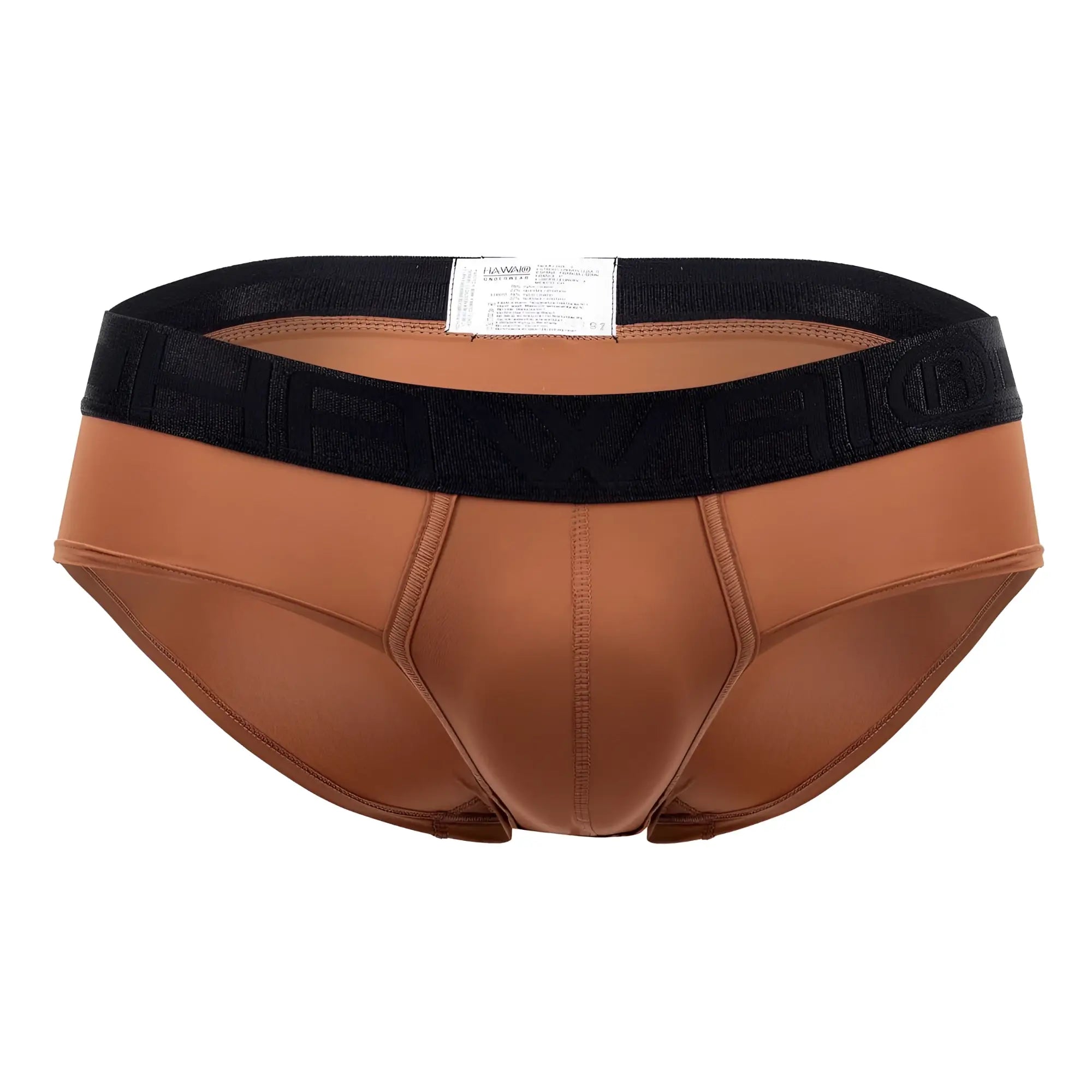 Brown hawai 42191 solid microfiber hip briefs in amber with a black elastic waistband featuring embossed lettering