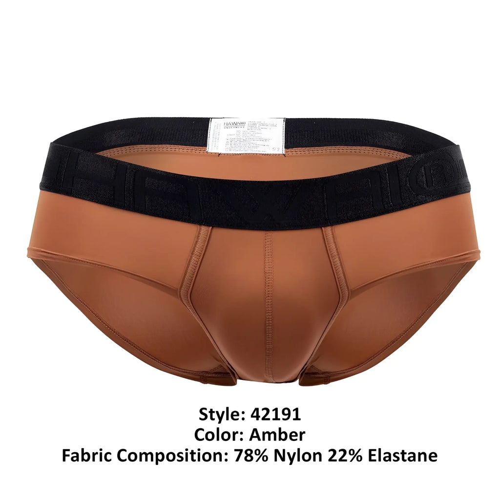 Amber men’s microfiber hip briefs with black embossed waistband made from 78% nylon 22% elastane hawai 42191 solid