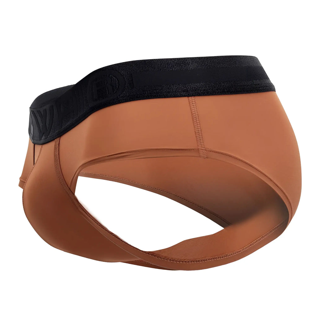 Tan athletic microfiber hip briefs in amber color with a black embossed logo waistband from HAWAI 42191 solid series