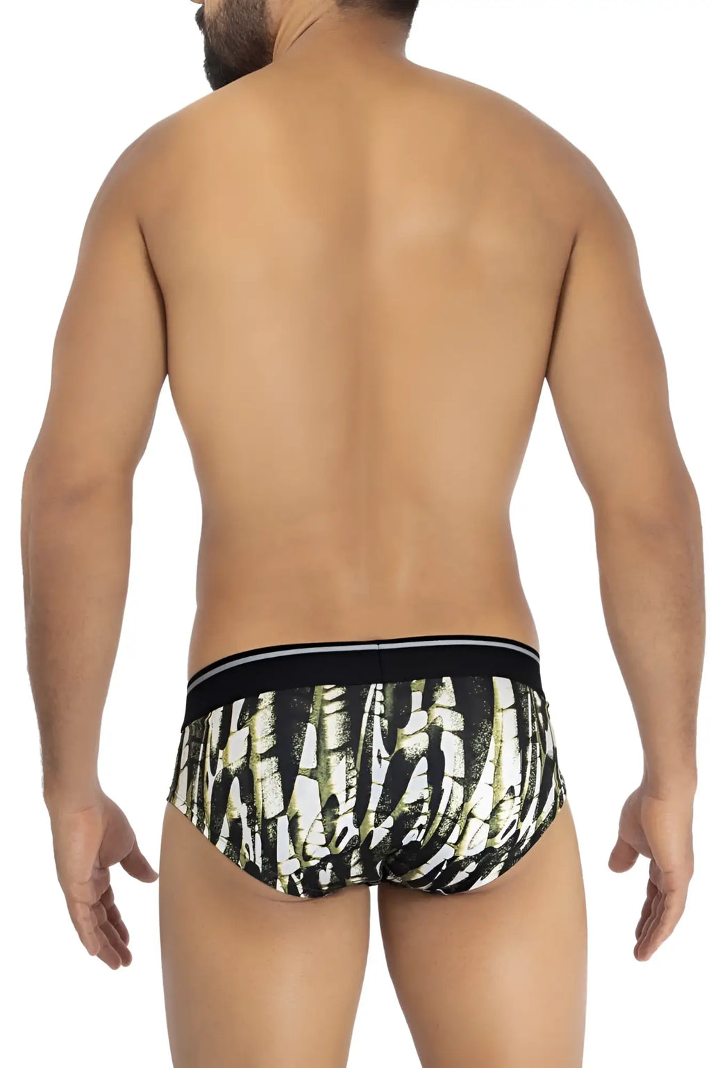 Hawai 42192 printed microfiber hip briefs in military green with black and olive patterns and white stripe trim