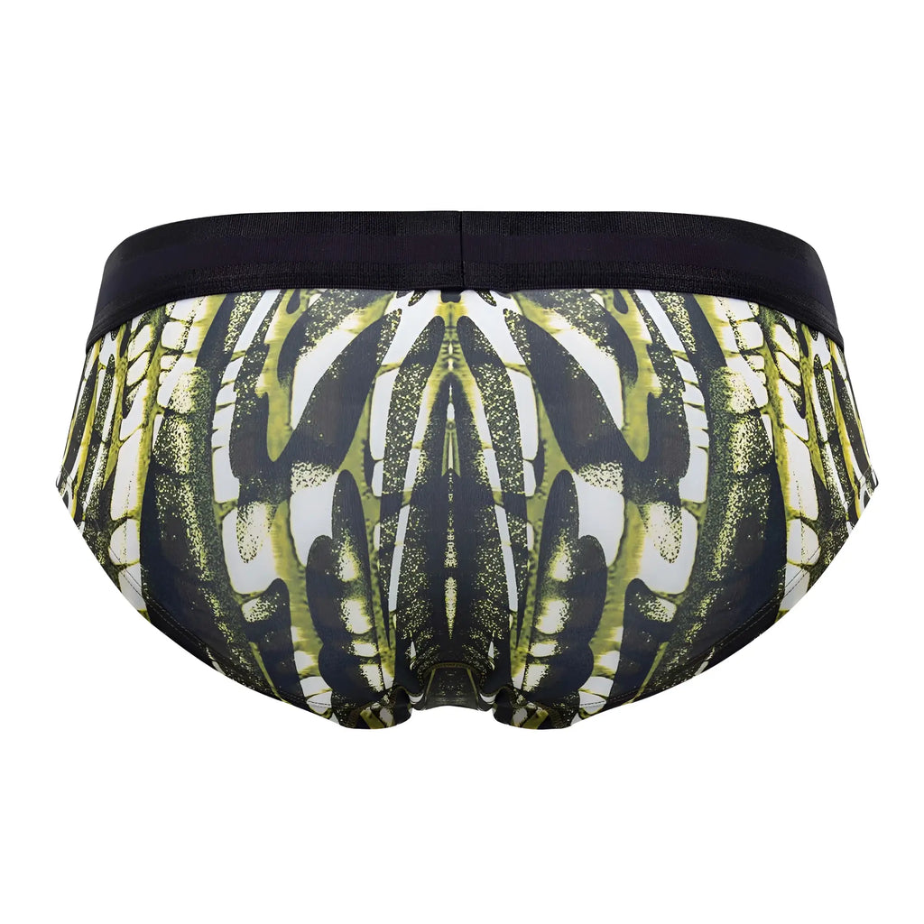 Black and olive green patterned men’s microfiber hip briefs with a symmetrical abstract design in military green