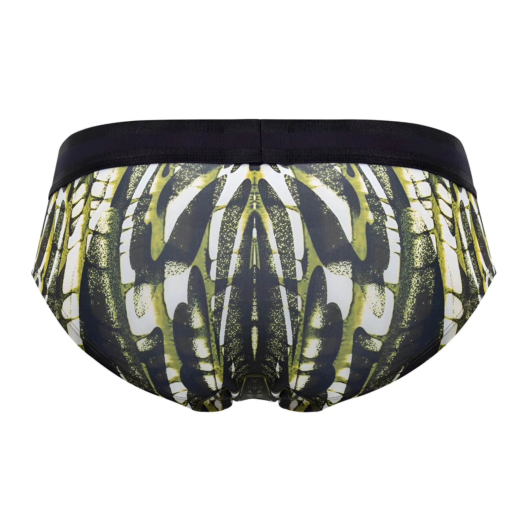 Black and olive green patterned men’s microfiber hip briefs with a symmetrical abstract design in military green