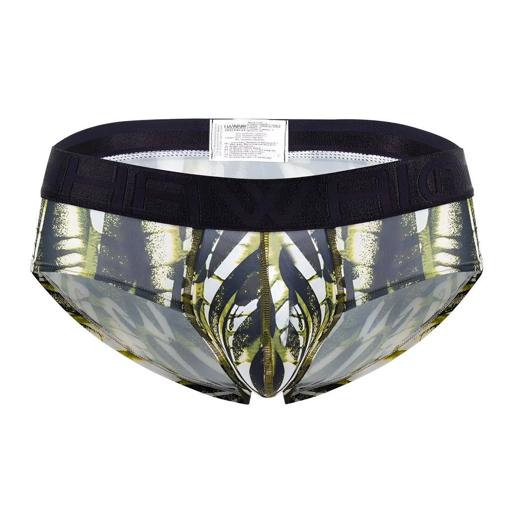 Black and green patterned hawai 42192 printed microfiber hip briefs in military green with bold abstract design