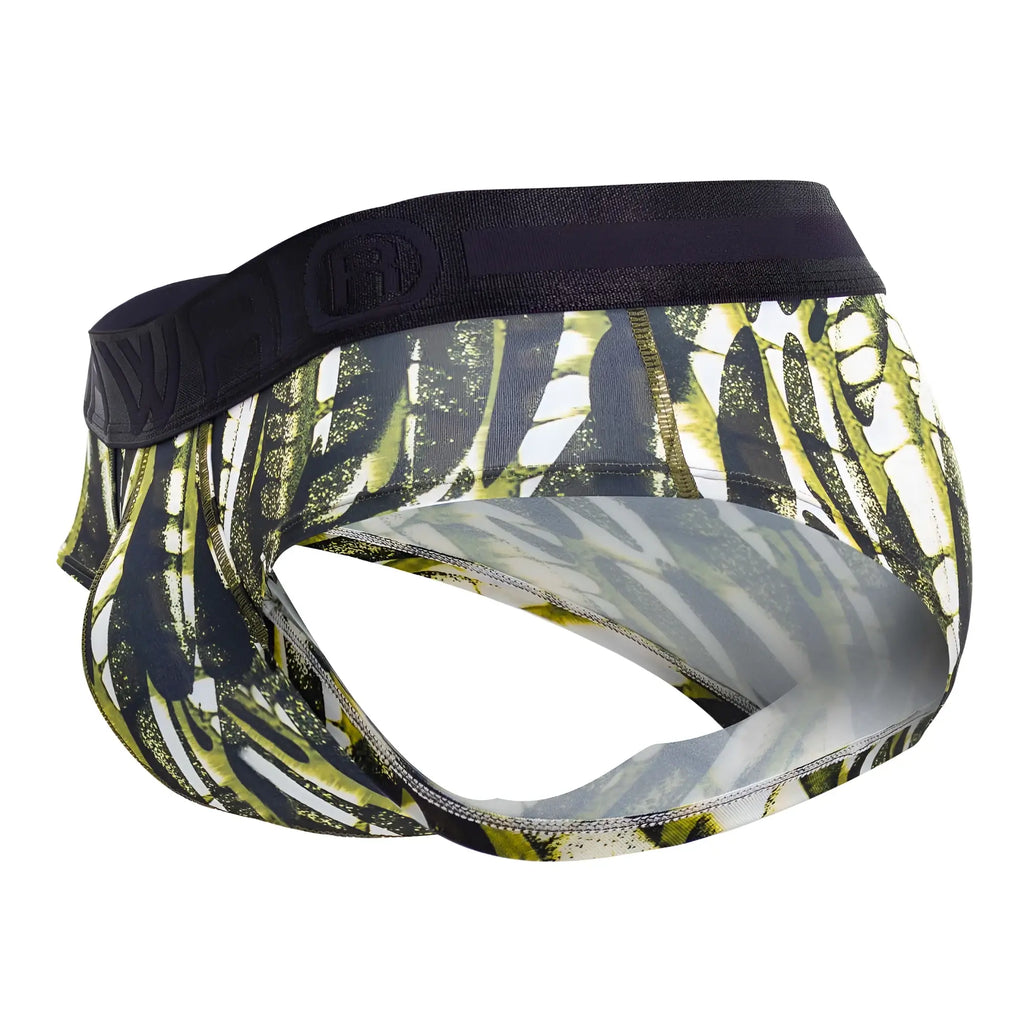 Hawai 42192 printed microfiber hip briefs in military green featuring a black waistband with subtle logo and leaf pattern