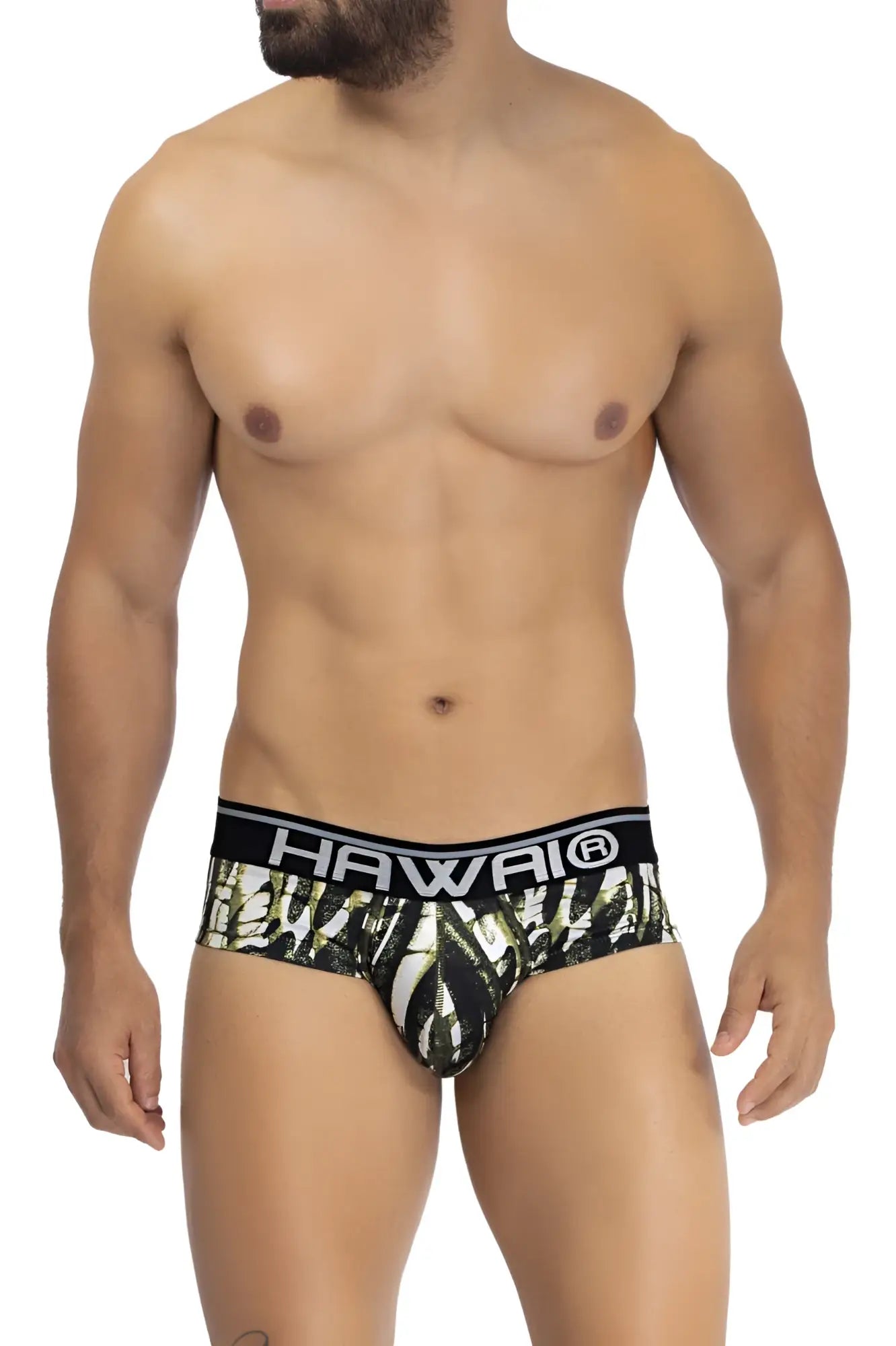 Hawai 42192 printed microfiber hip briefs in military green with black and white tropical leaf pattern and black waistband