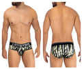 Black and white bamboo-patterned hawaii 42192 printed microfiber hip briefs with solid black waistband in military green