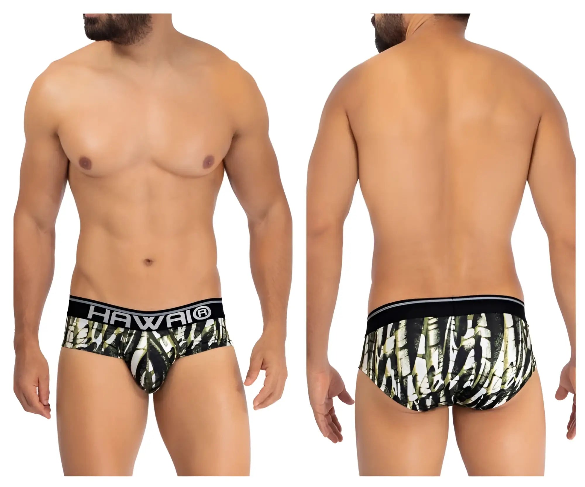 Black and white bamboo-patterned hawaii 42192 printed microfiber hip briefs with solid black waistband in military green