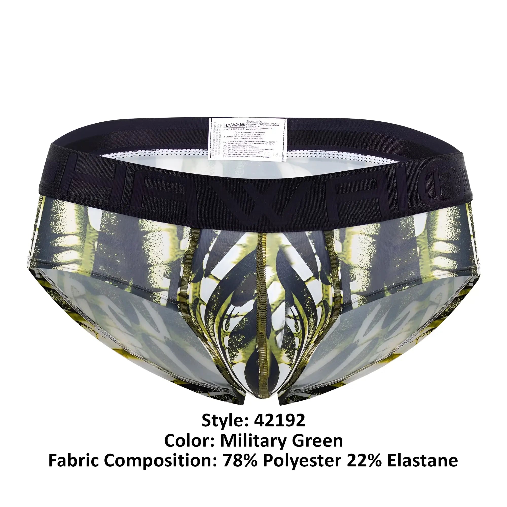 Military green printed microfiber hip briefs with a black hawaii branded elastic waistband HAWAI 42192