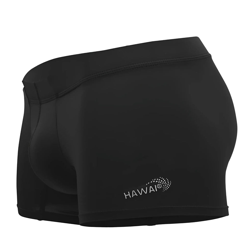 Black hawai 42222 microfiber swim trunks in black with a sleek form-fitting design and subtle white logo on lower right leg