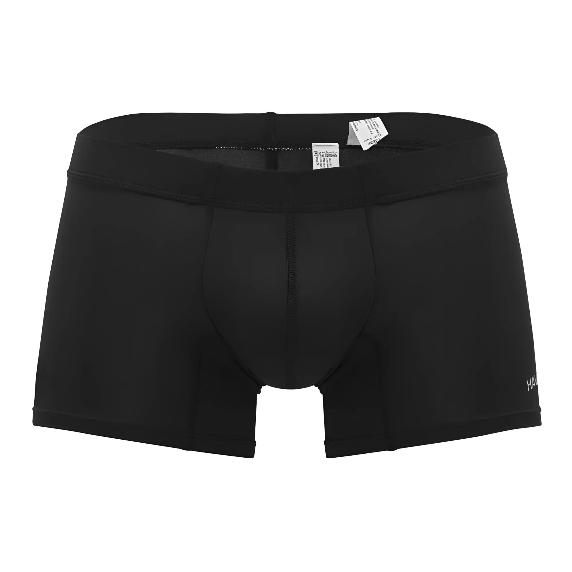 Black men’s HAWAI 42222 microfiber trunks in black with smooth fabric and subtle branding on the leg