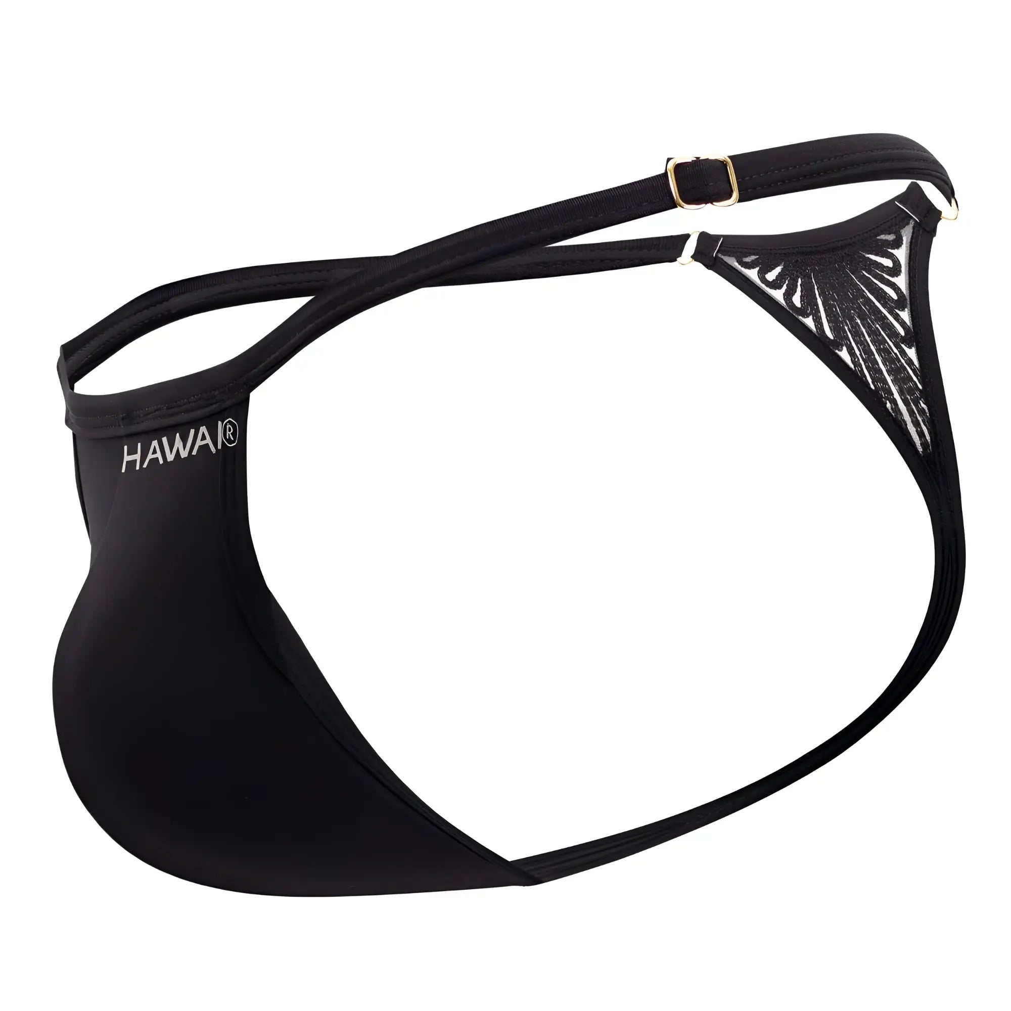 Black hawa brand microfiber thong with mesh panel and adjustable straps shown from the back side