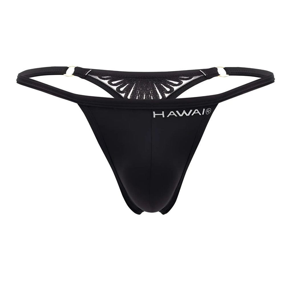 Back side of a black hawai 42317 microfiber thong with sheer mesh and intricate fan pattern with metallic silver trim