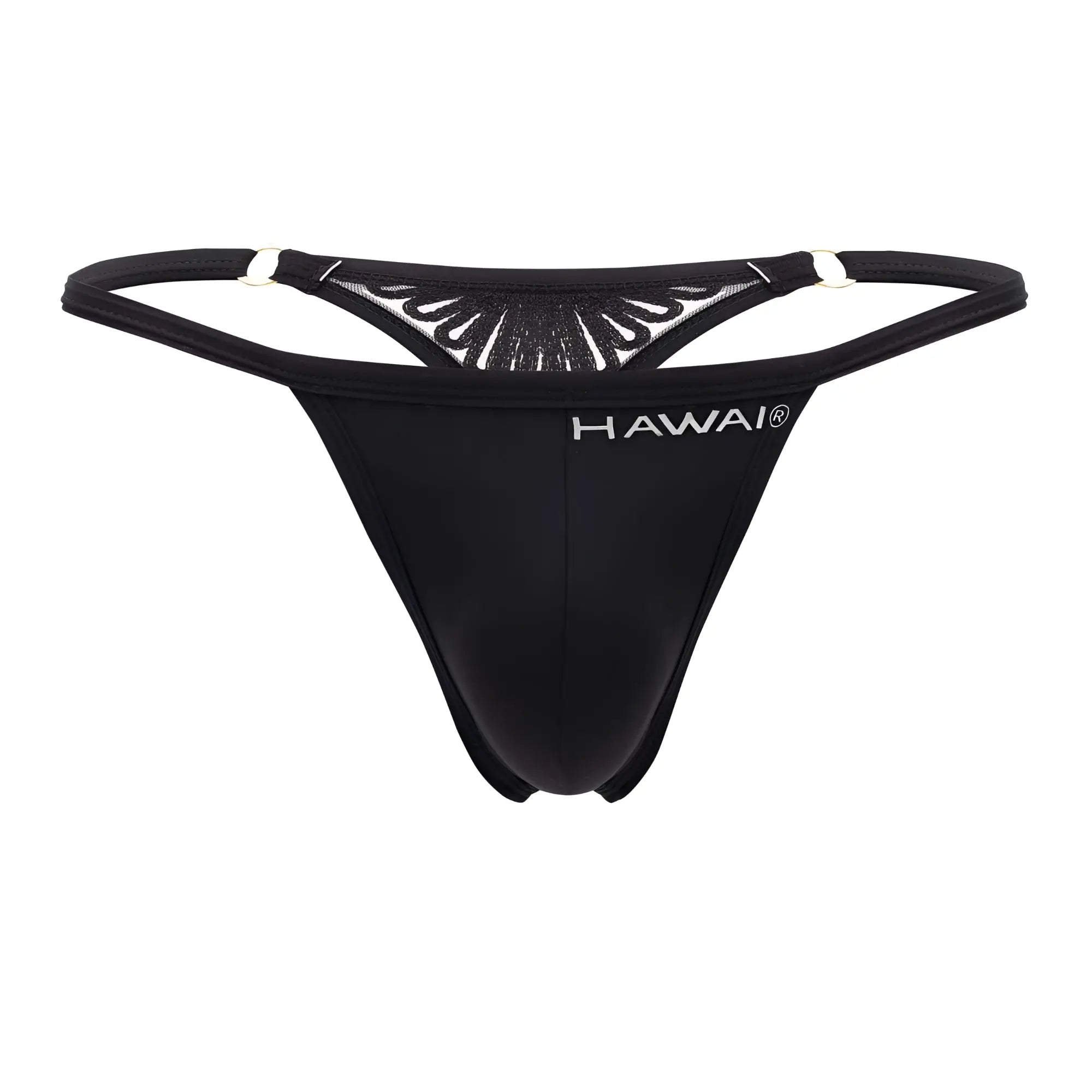 Back side of a black hawai 42317 microfiber thong with sheer mesh and intricate fan pattern with metallic silver trim