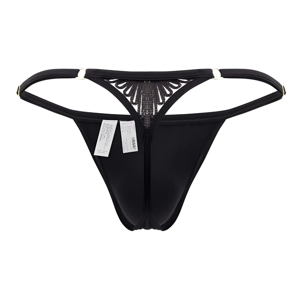 Black microfiber thong with decorative beaded fan shaped design at center and adjustable straps hawa 42317