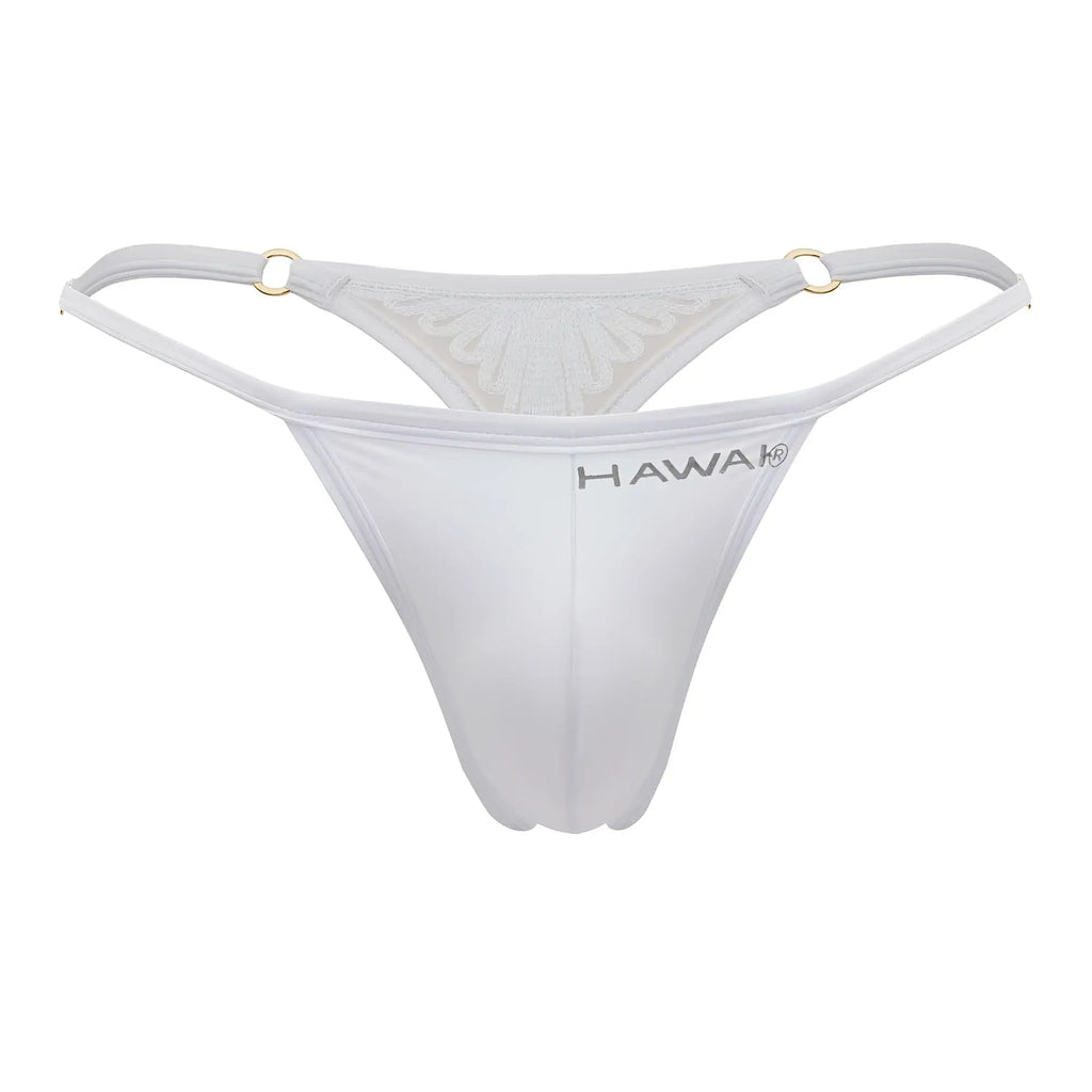 White hawaii brand microfiber thong with sheer mesh back and gold toned metal rings in white color