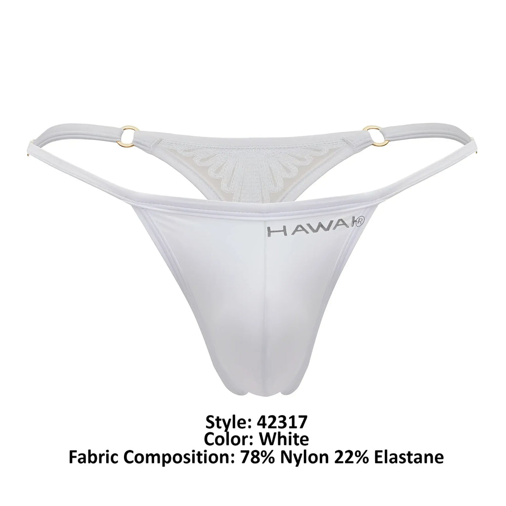 White hawai 42317 microfiber thong showing sheer lace back with gold toned metal rings