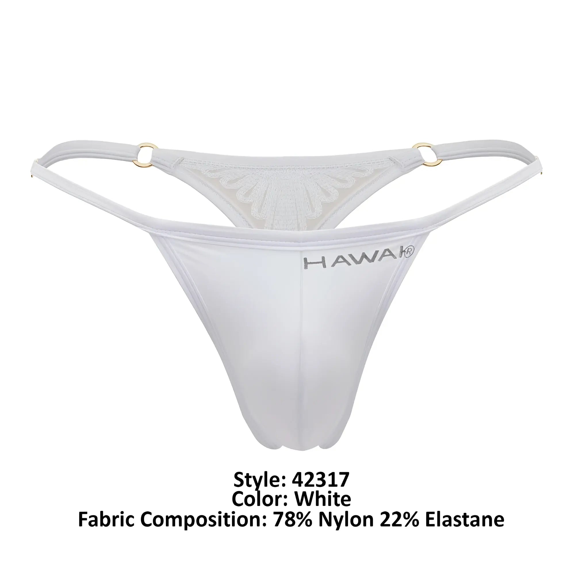 White hawai 42317 microfiber thong showing sheer lace back with gold toned metal rings