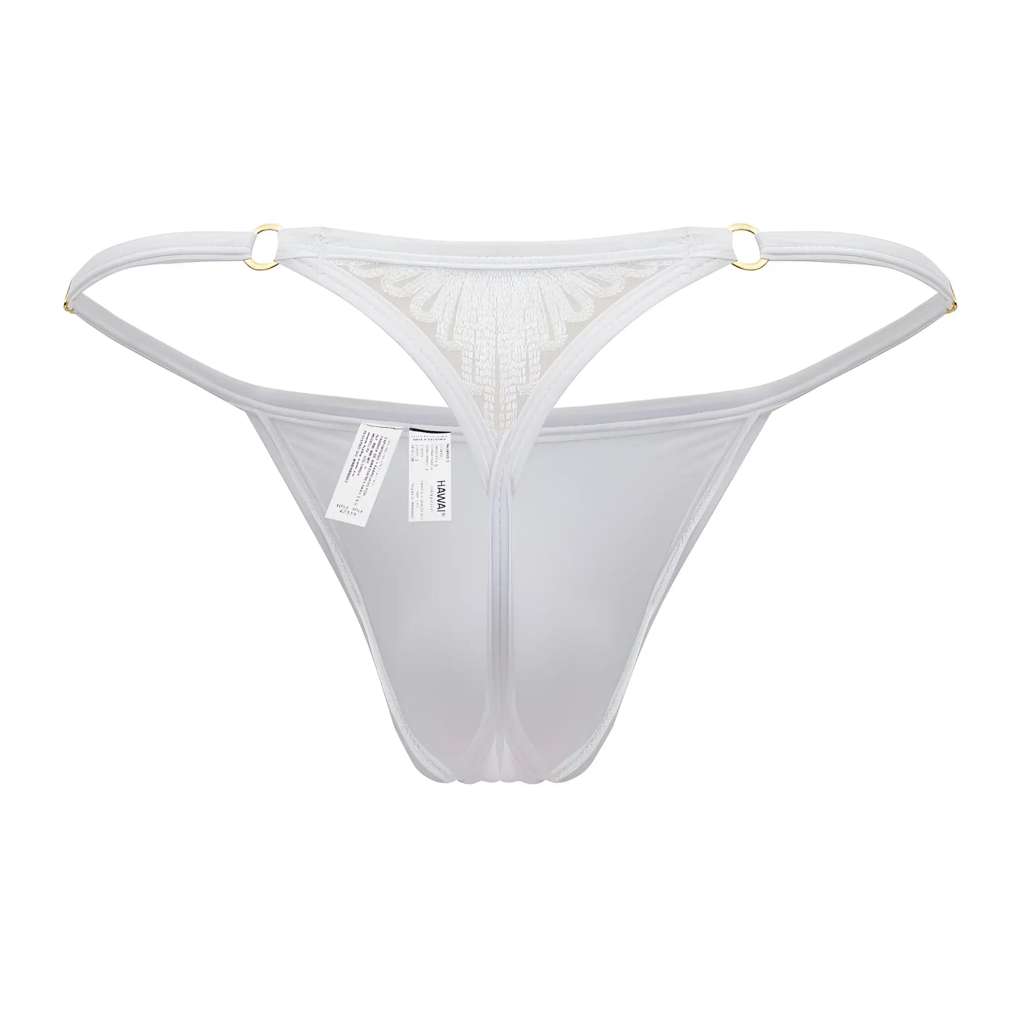 White microfiber thong hawai 42317 with sheer lace and gold toned metal rings at the waistband
