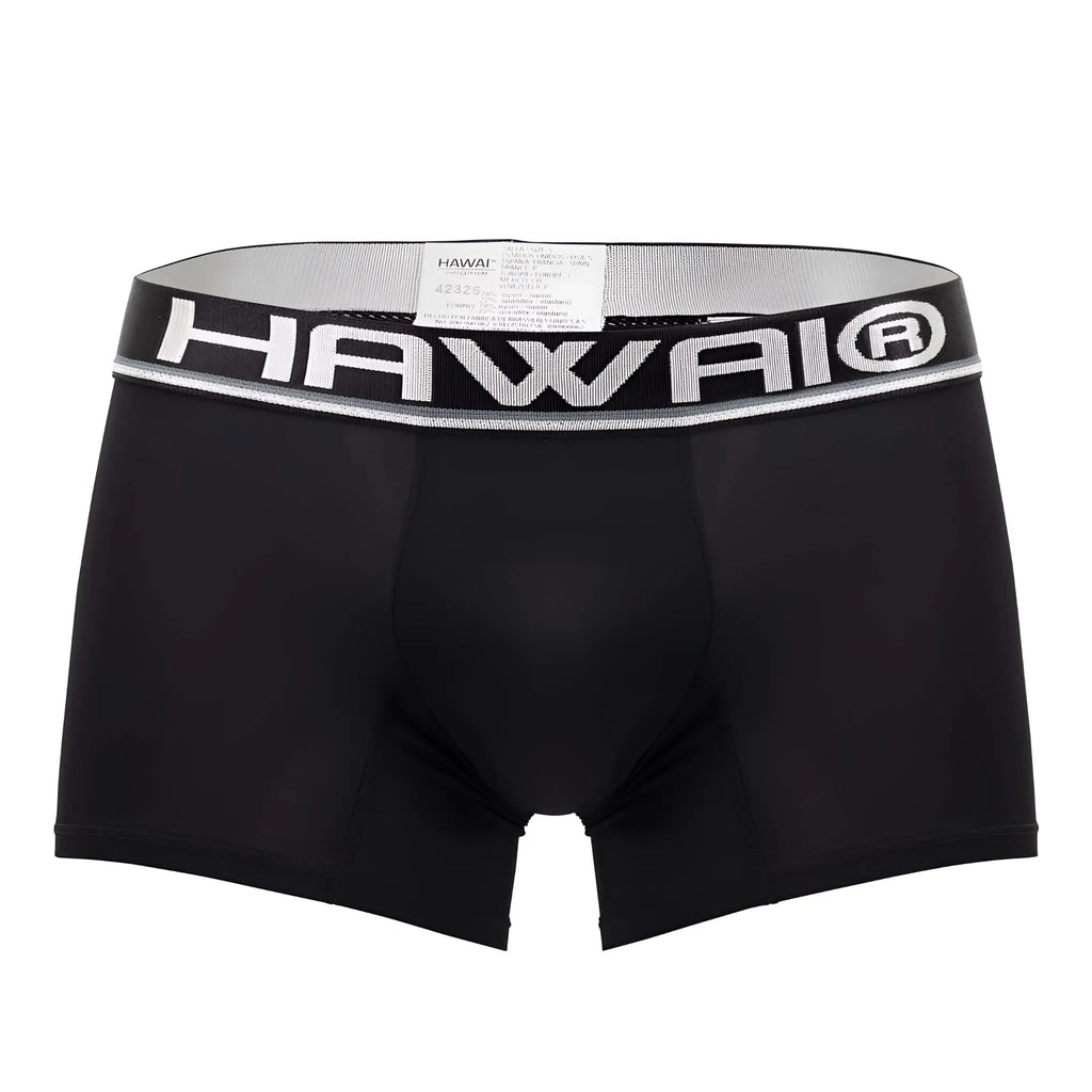 Black hawai 42326 microfiber boxer briefs for men with silver elastic waistband featuring bold white branding