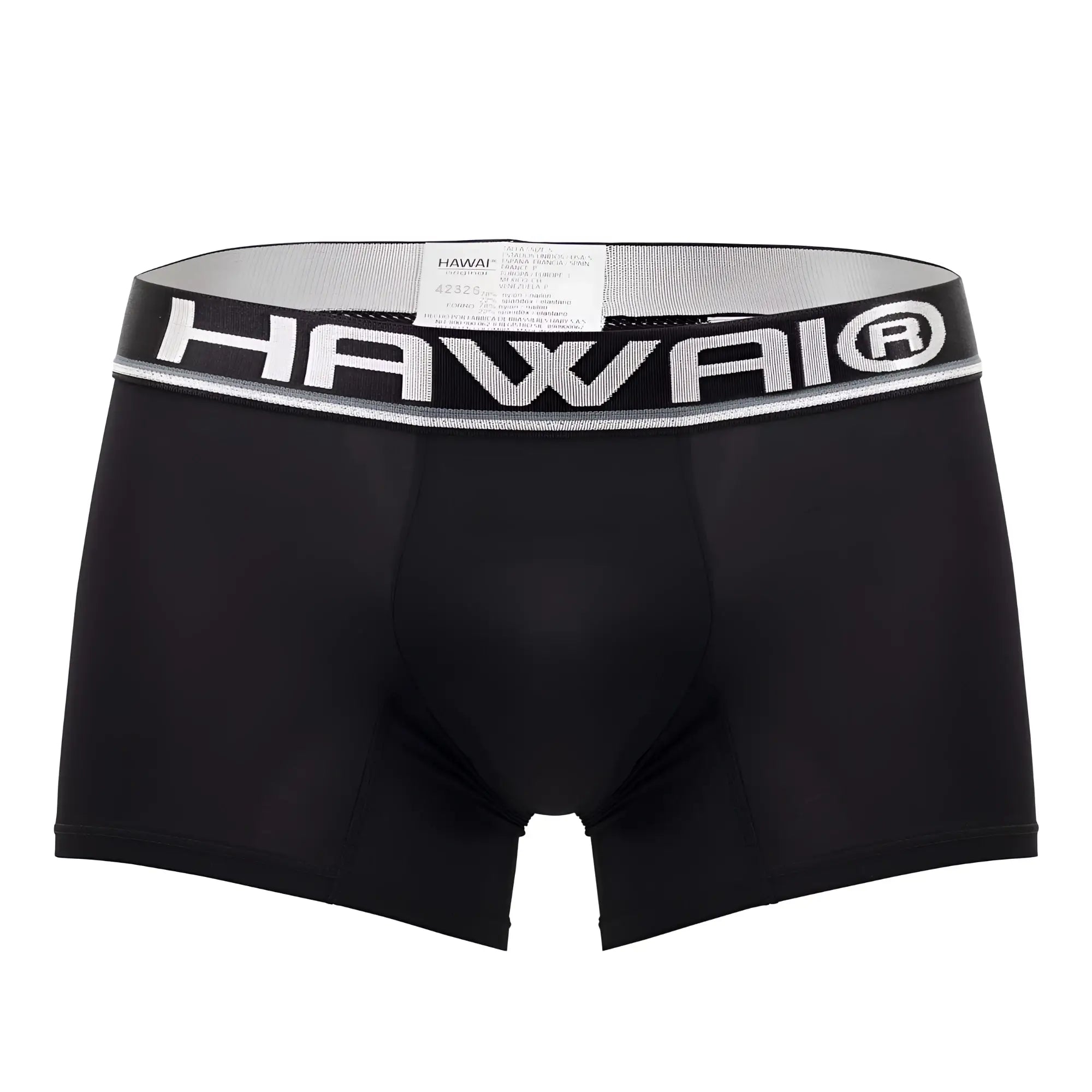 Black hawai 42326 microfiber boxer briefs for men with silver elastic waistband featuring bold white branding