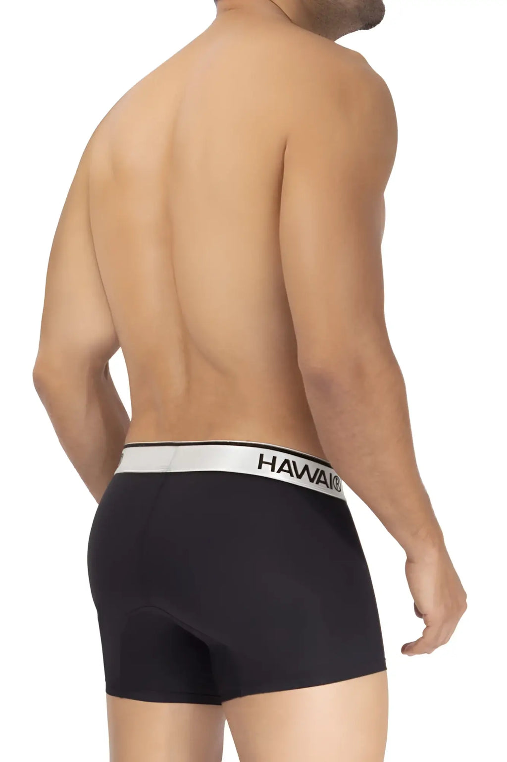 Black microfiber boxer briefs with a white elastic waistband featuring the hawaii brand name in black lettering