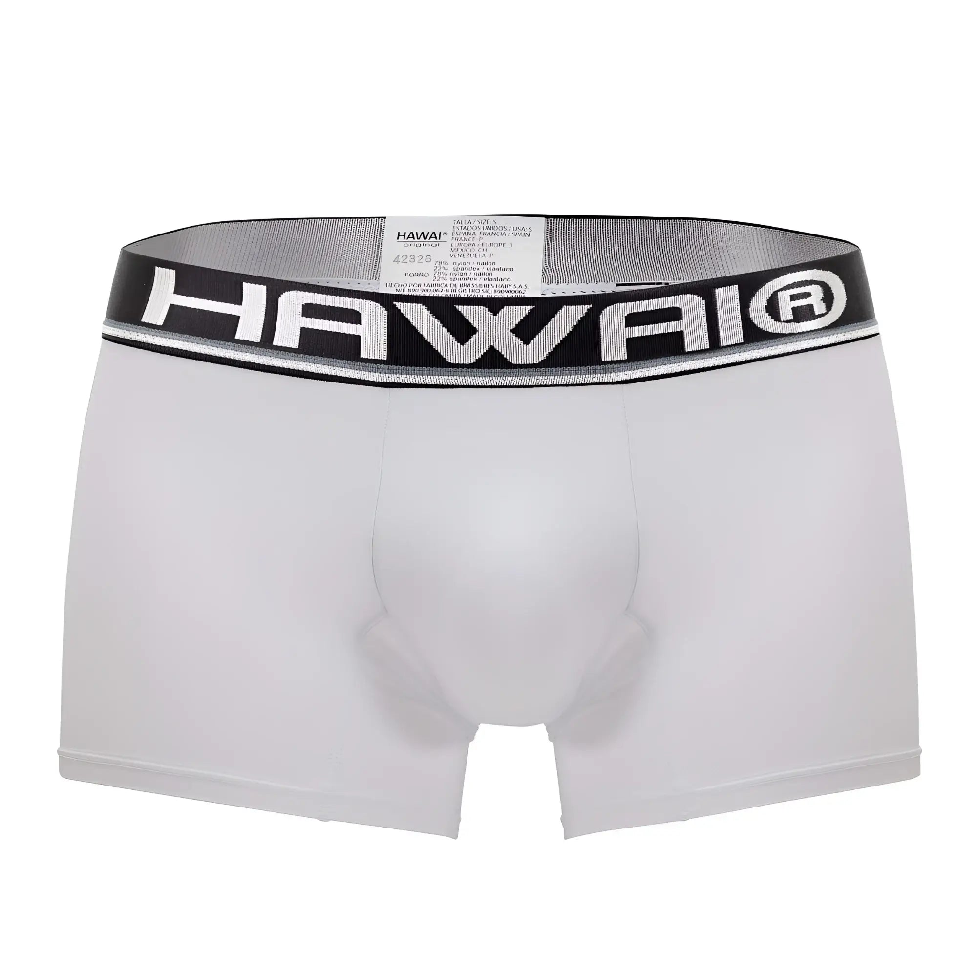 White hawai microfiber boxer briefs with black waistband and bold white lettering in color white model 42326