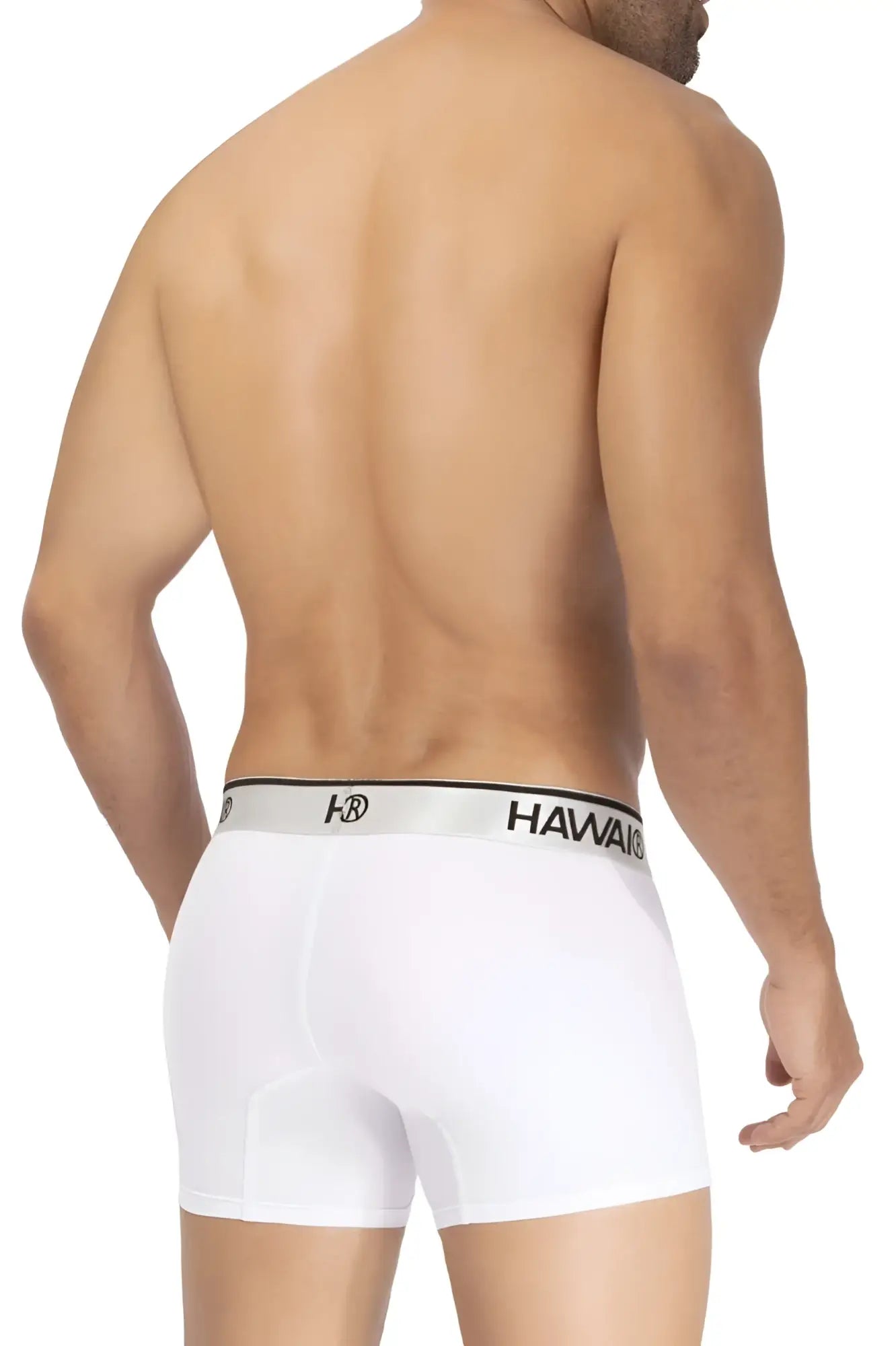 White hawaii microfiber boxer briefs with silver waistband featuring black lettering and logo front view