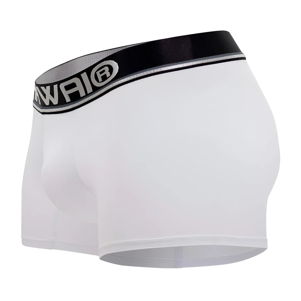White microfiber boxer briefs with black elastic waistband featuring awai silver logo waistband in hawai 42326 design