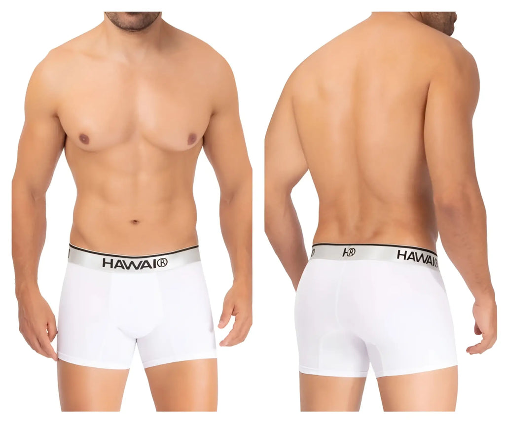 White men’s microfiber boxer briefs with a silver waistband featuring hawaii branding in black lettering