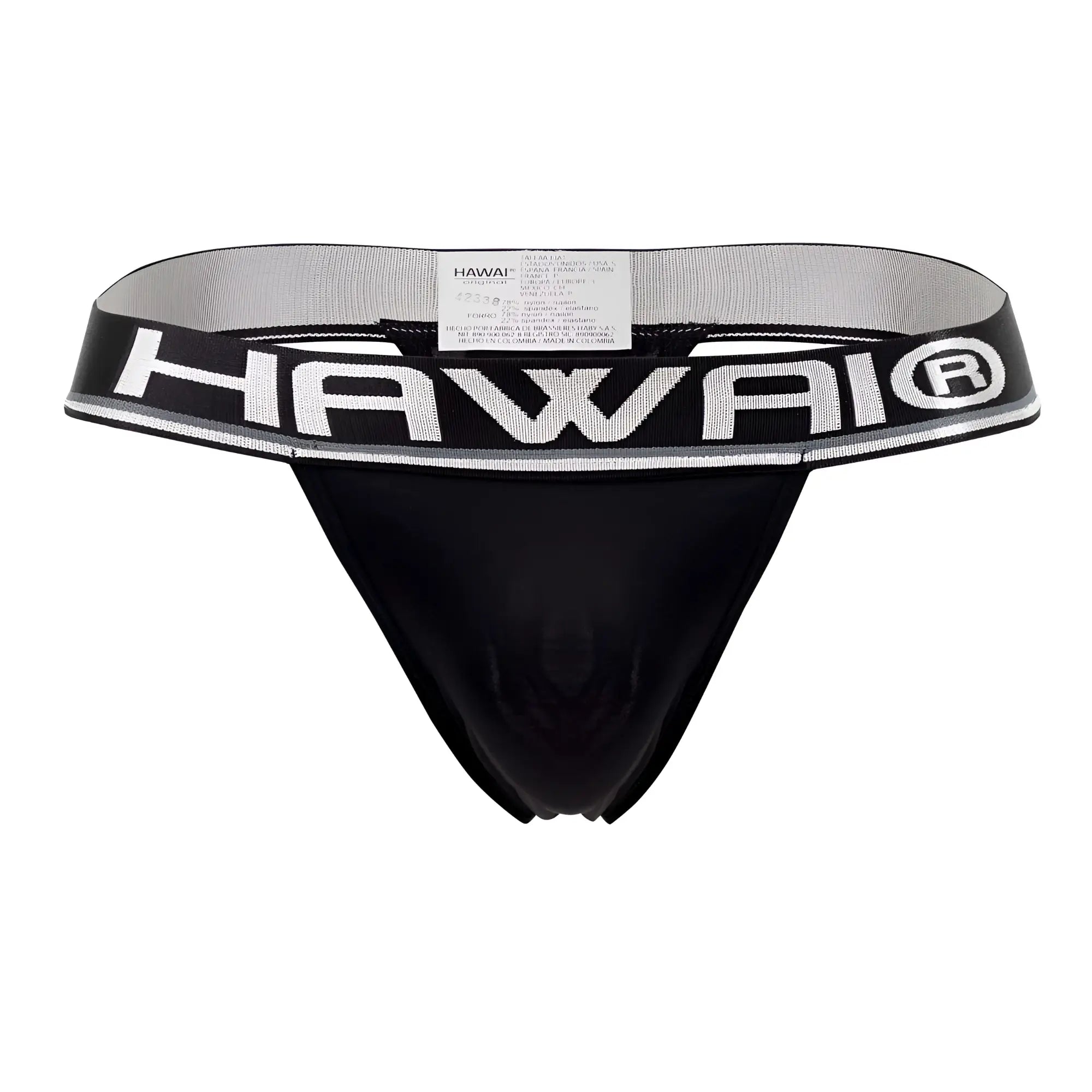 Black hawaii brand microfiber thong in black with a wide elastic waistband featuring bold white lettering and silver trim